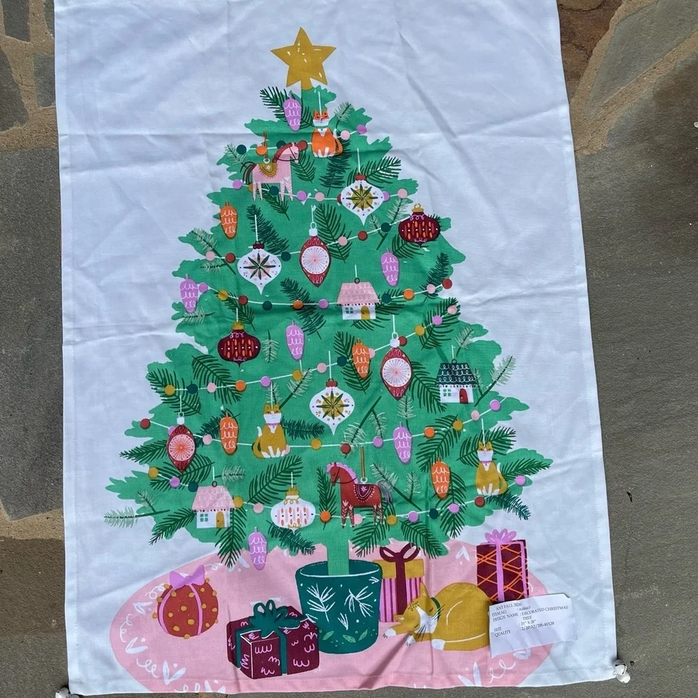 Anthropologie- Decorated Christmas Tree With Bells Dish Towel